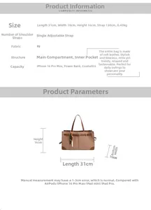 Detaillierte Größenangaben der braunen PU-Tasche mit verstellbarem Gurt und Quastenanhänger