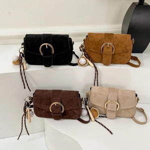 Retro Women Shoulder Bag Frosted Suede Texture Crossbody Bag Gold Round Buckle Minimalist Small Square Handbag Satchel