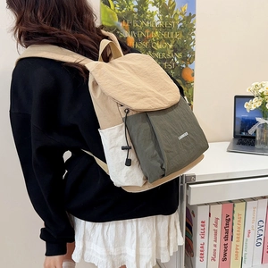 Minimalist large capacity nylon travel backpack in khaki and green patchwork design