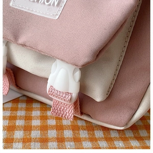 Detail of pink and beige canvas bag with plastic buckle and FASHION label