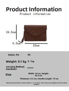 Spécifications de taille détaillées de la pochette enveloppe en PU marron à rivets