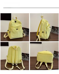 Detail view showing front, side, back and bottom of the yellow nylon casual backpack