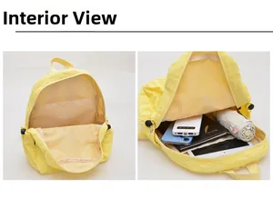 Interior display of yellow travel backpack showing compartments for tablets and essentials
