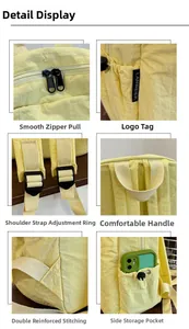 Detail view of yellow lightweight nylon travel backpack featuring zippers and straps
