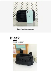 Comparaison de taille détaillée du sac de poitrine tactique noir et téléphone