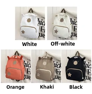 Detail view of five animal-themed kids backpacks in white, beige, orange, khaki, and black colors