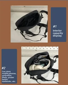 Détail des poches zippées et du compartiment interne en filet pour le rangement de sac