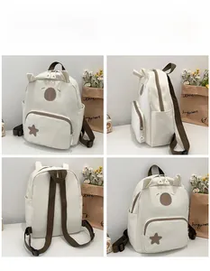 Detailed views of cute cream bear backpack showing front, back, and side angles