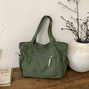 Women Large Capacity Corduroy Tote Bag Minimalist Solid Color Shoulder Bag Casual Shopper Bag With Bear Pendant Decoration