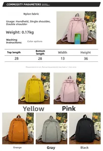 Infographic showing lightweight nylon backpack dimensions and available color options