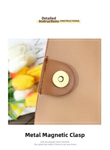 Close-up of golden magnetic buckle on light brown lychee grain leather tote bag