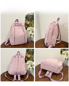 Detailed four-view collage of pink purple backpack with multiple zipper pockets