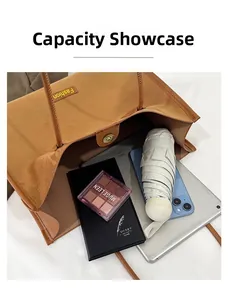 Detail showing spacious interior capacity of the camel tote bag with iPad and daily items