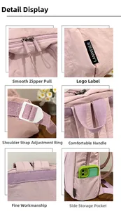 Detail view of pink backpack featuring dual zippers, logo label, and side storage pockets