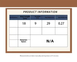 Detailed size chart showing nylon shoulder bag dimensions 18x9x29cm and 0.27kg weight