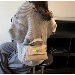 Close-up of beige lychee grain leather texture and golden twist lock on square handbag