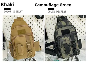 Tactical crossbody bags in khaki and camo green with webbing and mesh pockets