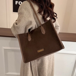 Brown textured suede tote bag with leather straps and Fashion metal logo for women
