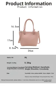 Size chart showing PU leather bucket bag dimensions with handle and shoulder strap details