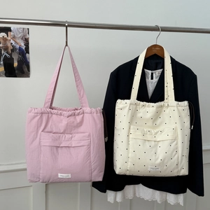 Large capacity drawstring tote bag in pink and polka dot white for yoga and daily use