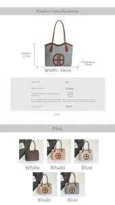 Detailed size chart for the large PU leather tote bag with dimensions and EB logo details