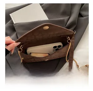 Internal view of leopard print chain bag showing storage capacity for phone and lipstick