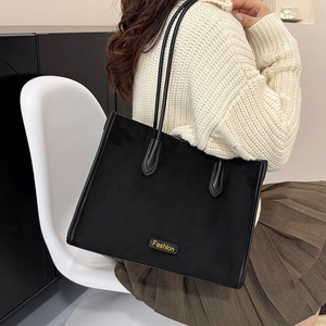 Large black suede tote bag with Fashion label for women, stylish commuting shoulder bag