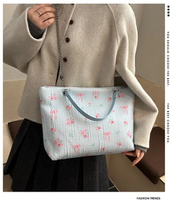 Detail of light blue floral tote bag showing pleated fabric texture and chain strap