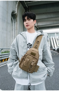 Detailed view of khaki tactical crossbody bag with MOLLE webbing and D-ring attachment