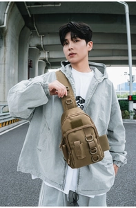 Outdoor khaki tactical chest bag with D-rings and velcro patches shown on model