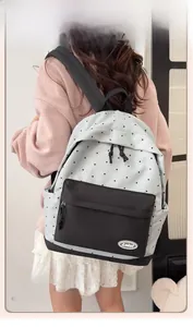 Detail of light blue polka dot backpack with black zipper pocket and wide straps