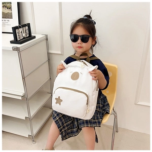 Detail view of a cute cartoon kids backpack with ear decor worn by a girl model