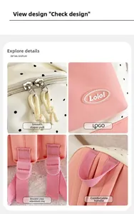 Pink polka dot backpack details featuring smooth zippers and adjustable shoulder straps