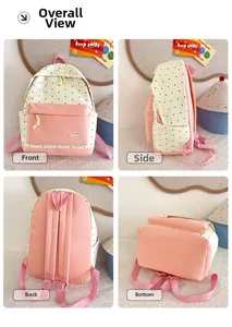 Detailed four-angle view of pink and cream star-themed backpack with polka dots