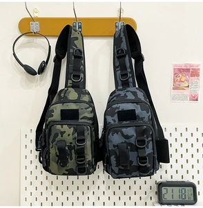 Detail of outdoor tactical camouflage crossbody bag with D-ring and Velcro patches