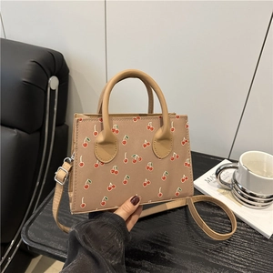 Sweet beige cherry print square handbag with double handles and detachable shoulder strap