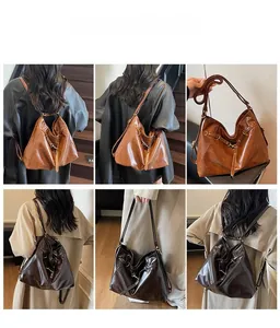 Multi-way retro leather backpack shown in shoulder, crossbody, and handheld styles