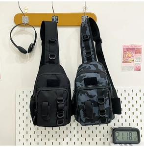Detail of tactical shoulder bags with high-density nylon fabric and MOLLE webbing system