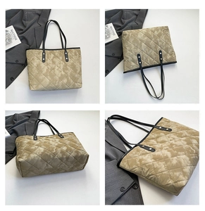 Detailed views of a beige quilted tote bag with marble print and black straps from four angles