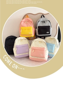 Polka dot pattern backpacks in six colors including pink and blue with star design