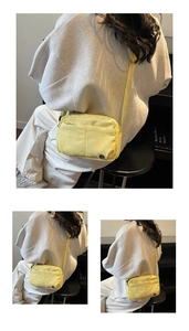 Sac bandoulière en nylon jaune pâle montré sous plusieurs angles sur un mannequin