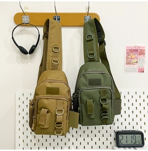 Tactical nylon shoulder bag detail showing multiple zip pockets and D-ring hooks