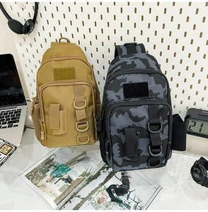 Tactical outdoor crossbody bag with MOLLE webbing and D-rings in khaki and camo colors