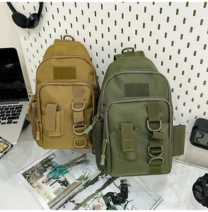 Close-up of tactical shoulder bag showing multi-pocket design and wear-resistant fabric