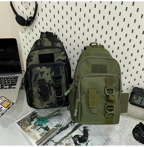 Detail of a tactical crossbody bag showing camo pattern, mesh pockets, and durable nylon fabric