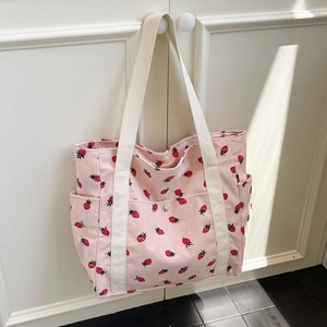 Borsa Tote in Velluto a Coste con Stampa a Fragola Grande Capacità per Donna Borsa a Tracolla Casual Moda Semplice