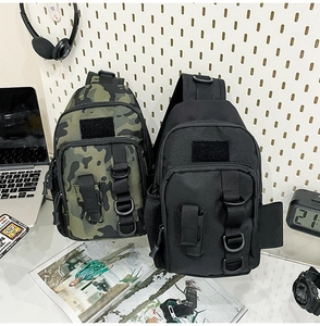 Detail view of tactical shoulder bags in camo and black with functional MOLLE straps