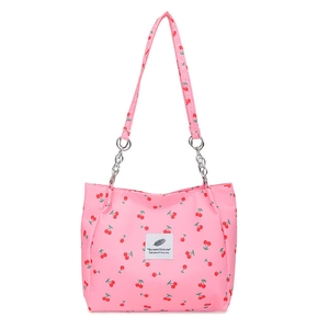 Pink cherry print tote bag with stylish silver chain strap and spacious nylon design