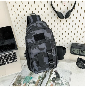 Close-up of tactical camo shoulder bag featuring multi-layer zippers and D-rings for gear