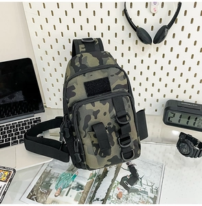 Detailed view of camouflage tactical chest bag with EDC items on a wooden desk